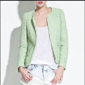ZARA Trafaluc Green Tweed Textured Studded Detail Blazer Jacket Women’s Size M